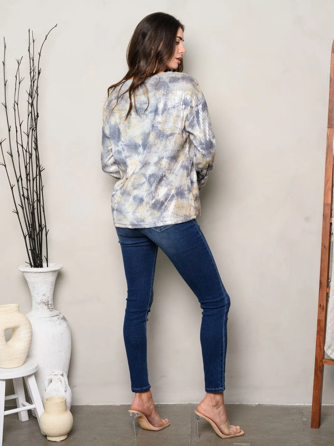 WOMEN'S LONG SLEEVE TIE DYE SEQUINS TOP