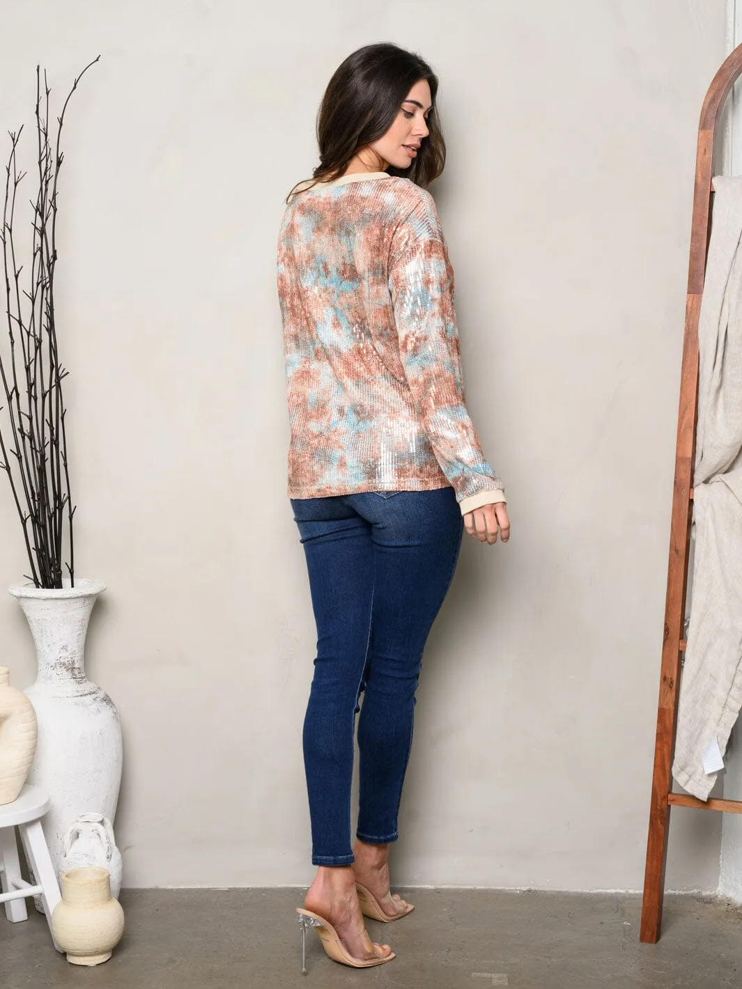 WOMEN'S LONG SLEEVE TIE DYE SEQUINS TOP