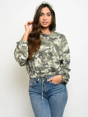WOMEN'S LONG SLEEVE TRIM SELF TIE CAMO HOODIE TOP