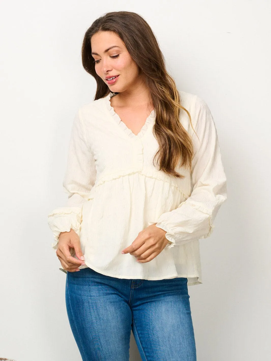 WOMEN'S LONG SLEEVE V-NECK RUFFLE BLOUSE TOP