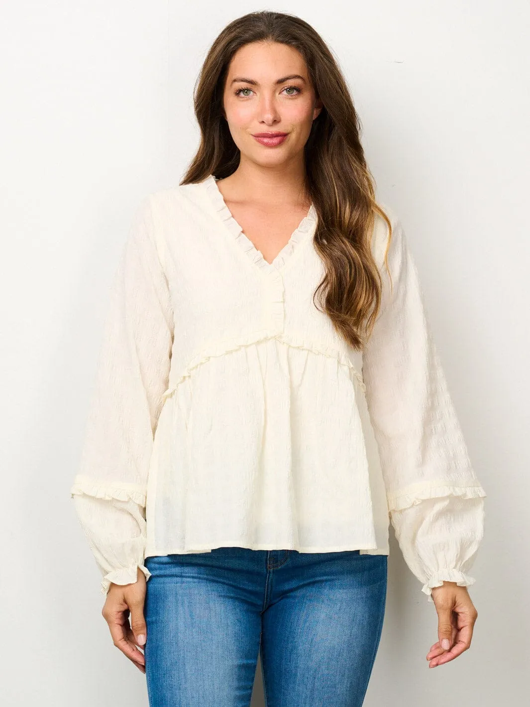 WOMEN'S LONG SLEEVE V-NECK RUFFLE BLOUSE TOP