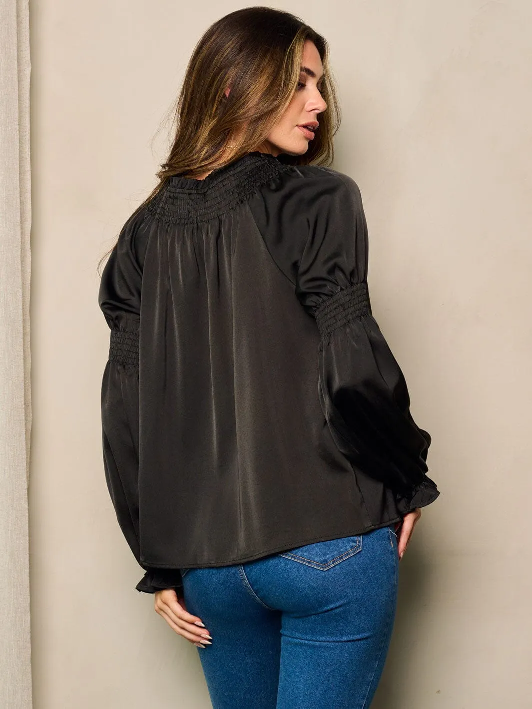 WOMEN'S LONG SMOCK SLEEVE NECK TIE BLOUSE TOP