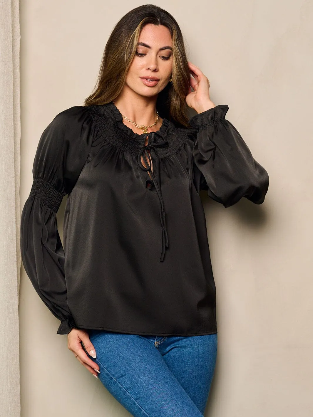 WOMEN'S LONG SMOCK SLEEVE NECK TIE BLOUSE TOP
