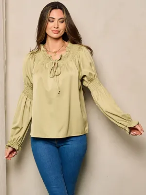 WOMEN'S LONG SMOCK SLEEVE NECK TIE BLOUSE TOP