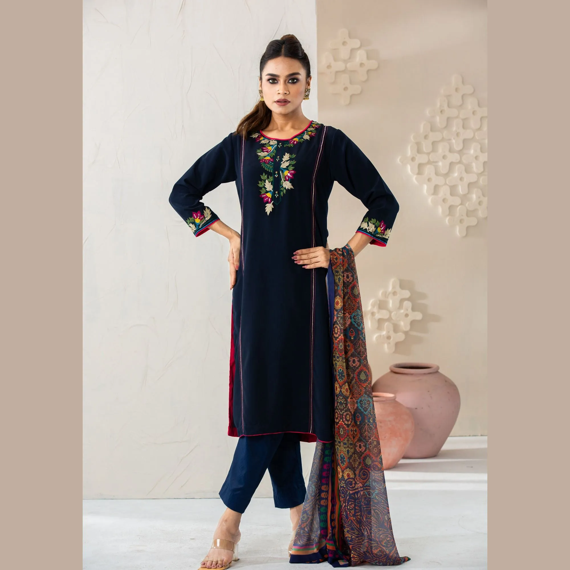 Womens Navy Silk 3-Piece Set