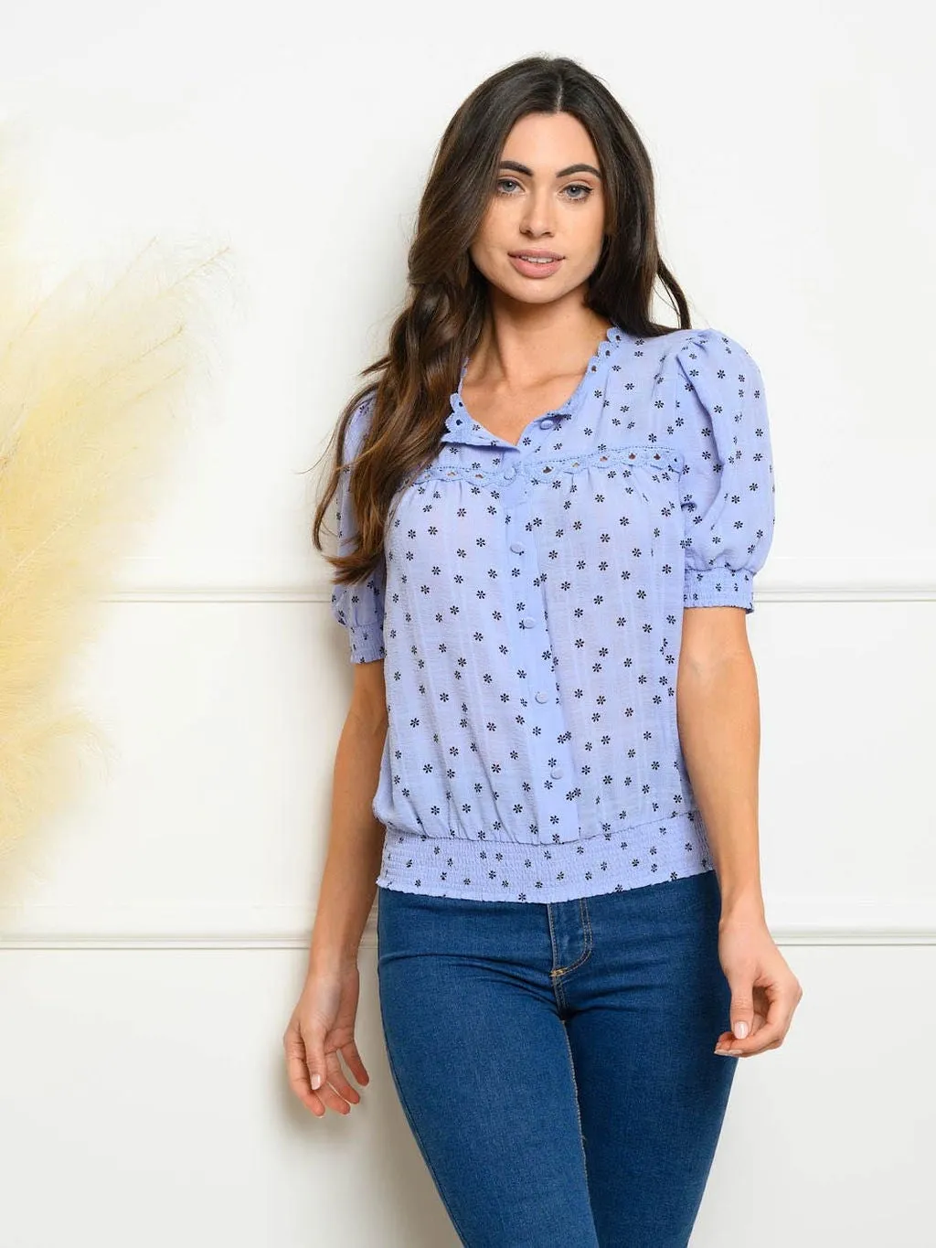 WOMEN'S PUFF SHORT SLEEVE FLORAL TOP