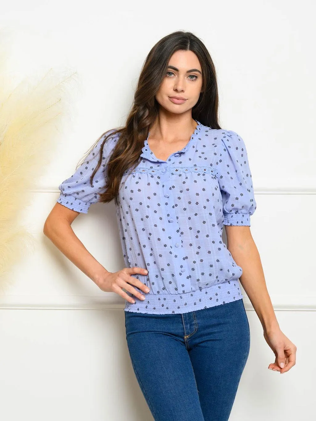 WOMEN'S PUFF SHORT SLEEVE FLORAL TOP