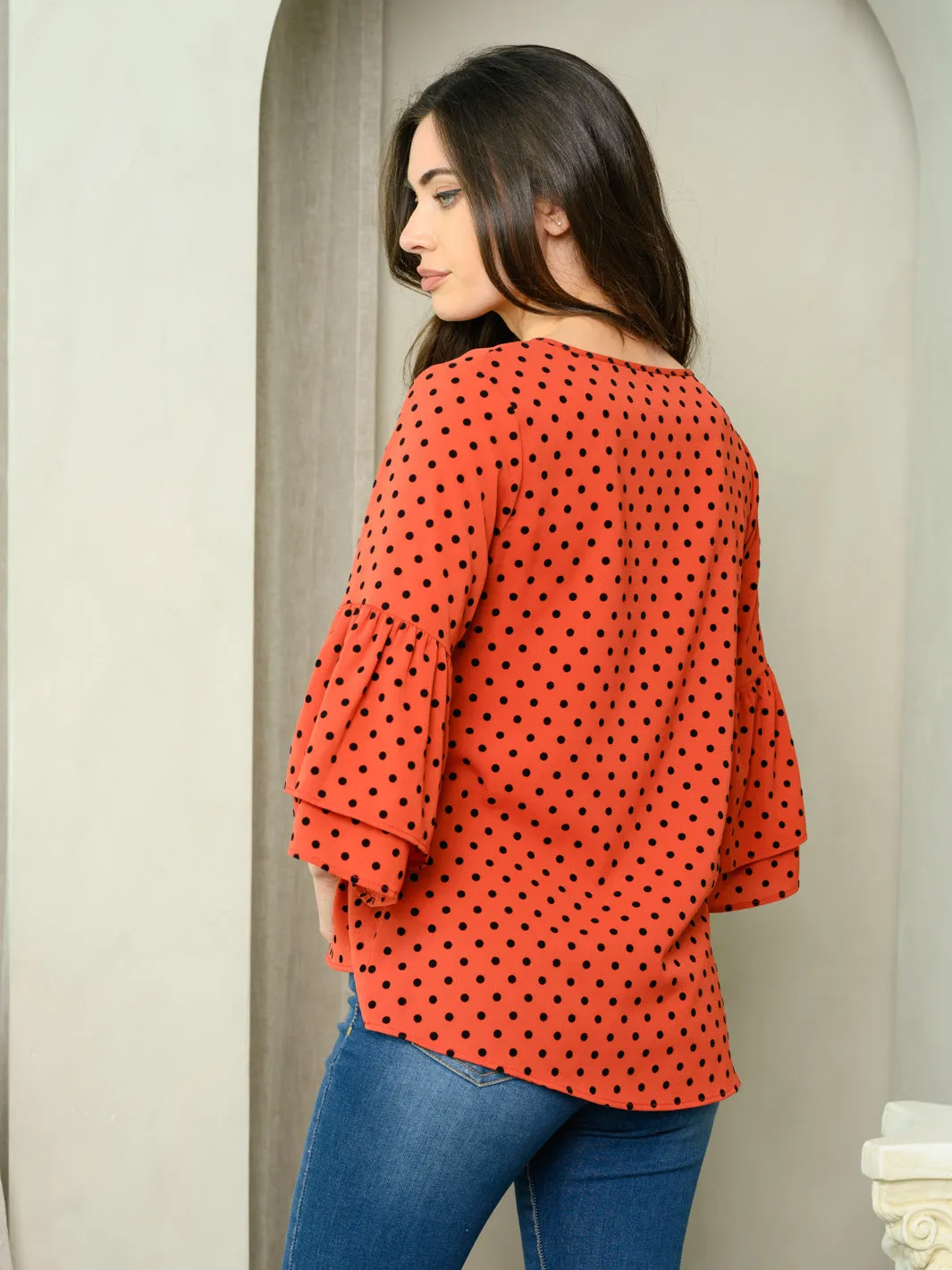 WOMEN'S RUFFLE POLKA DOT V-NECK TOP