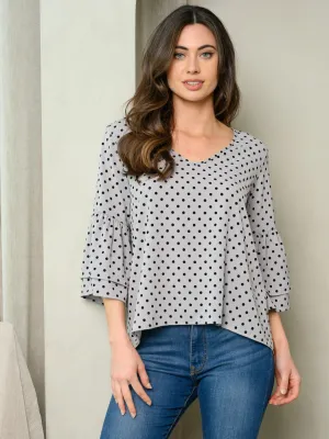 WOMEN'S RUFFLE POLKA DOT V-NECK TOP