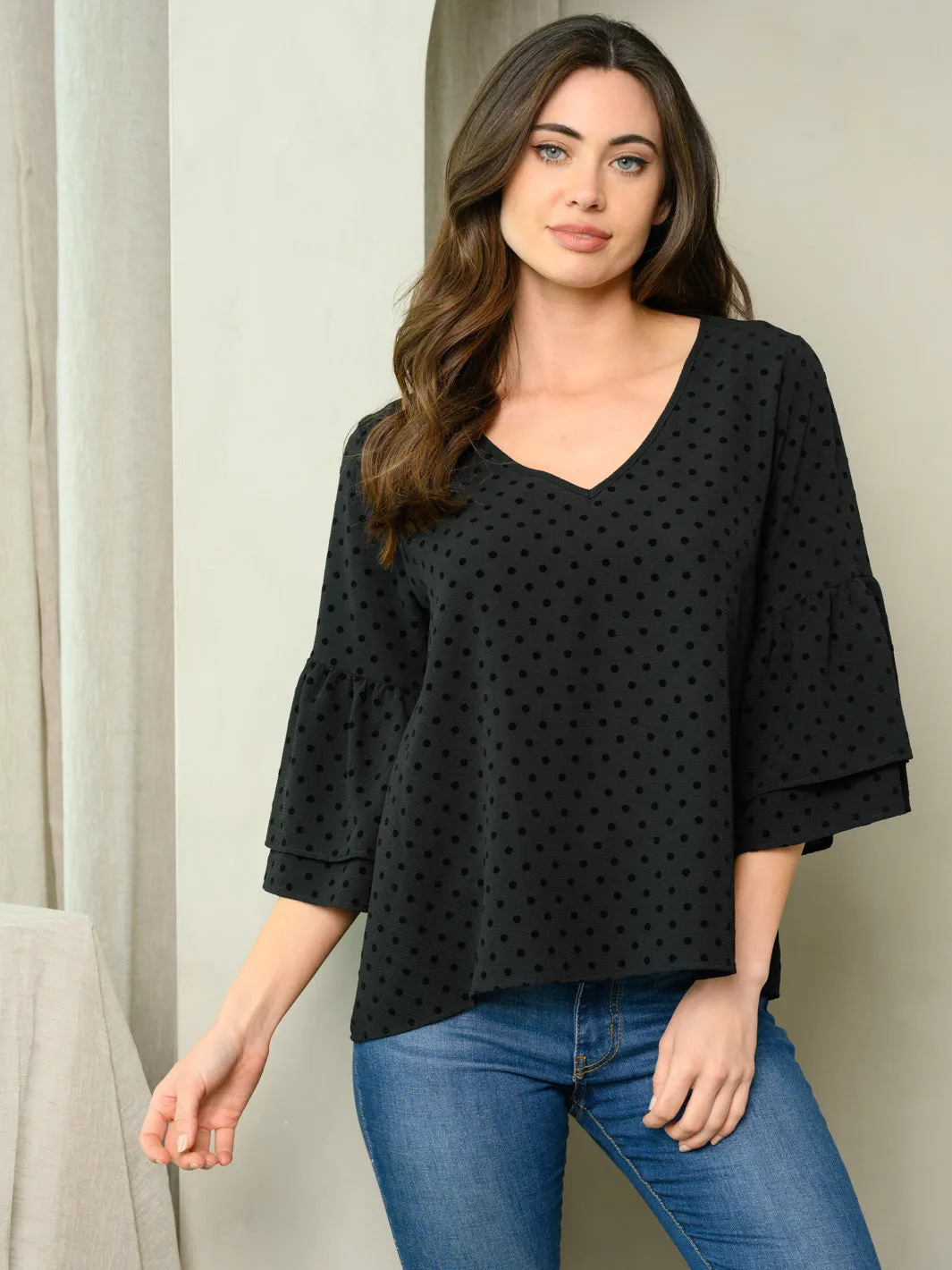 WOMEN'S RUFFLE POLKA DOT V-NECK TOP