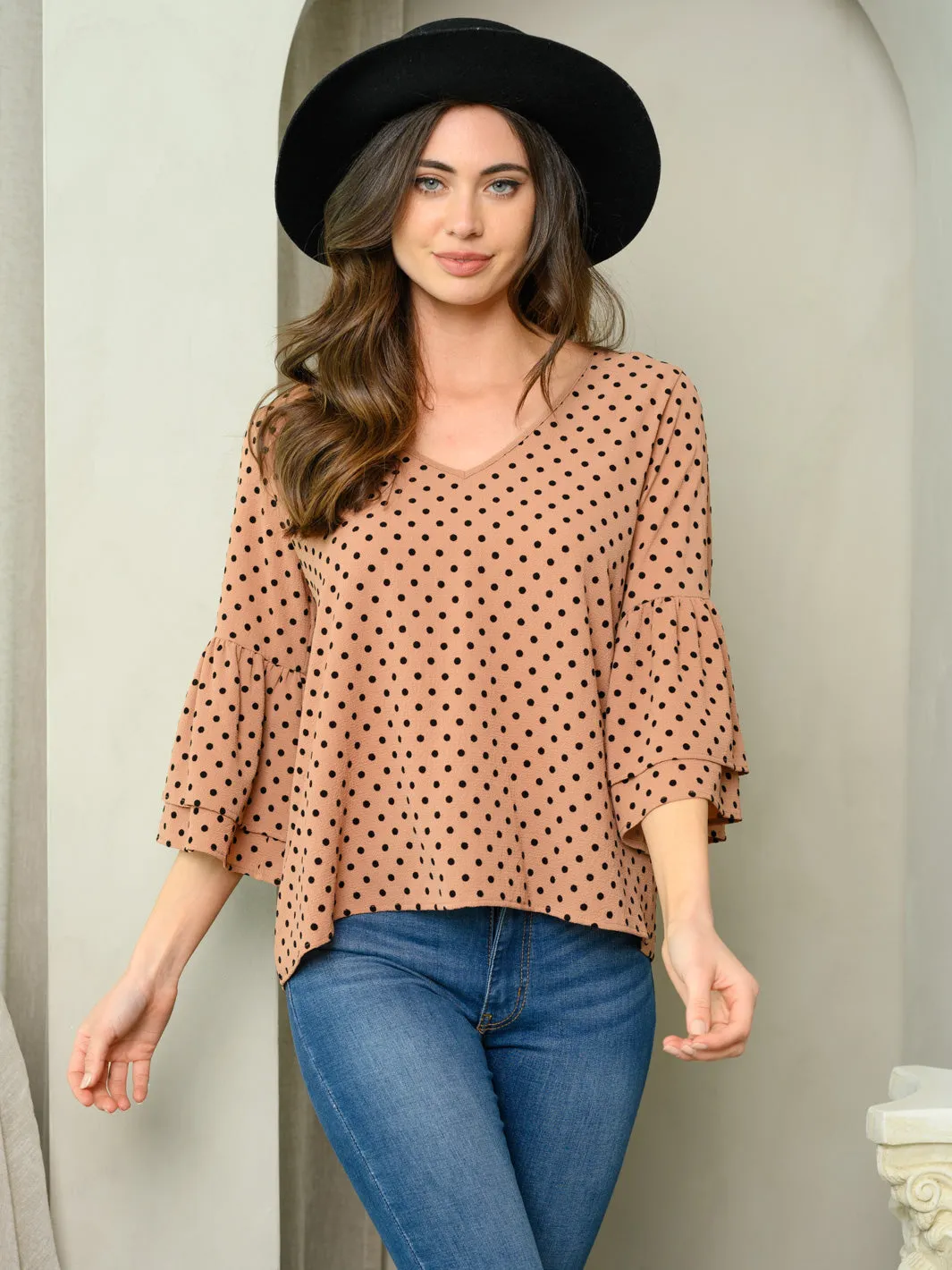 WOMEN'S RUFFLE POLKA DOT V-NECK TOP