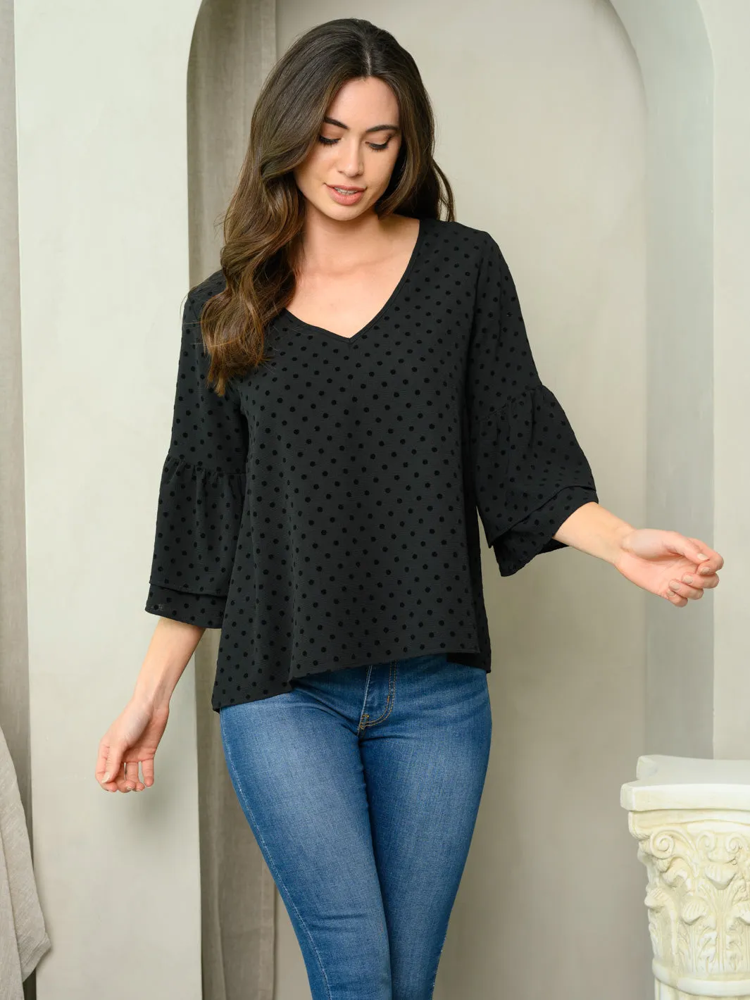 WOMEN'S RUFFLE POLKA DOT V-NECK TOP