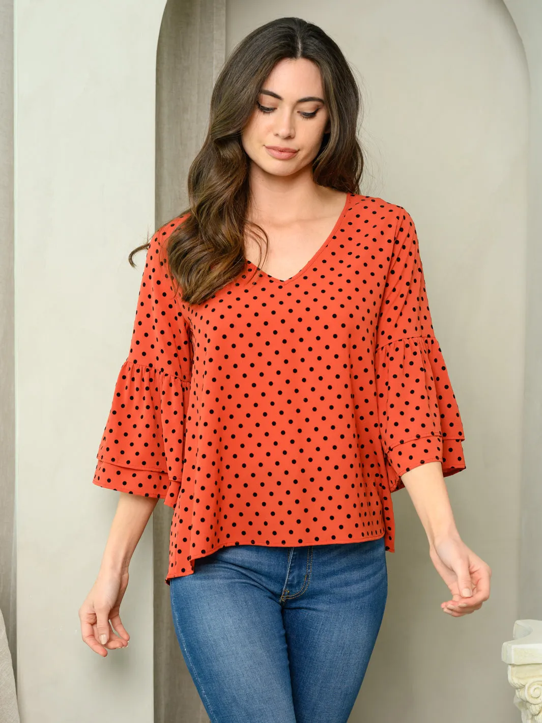 WOMEN'S RUFFLE POLKA DOT V-NECK TOP