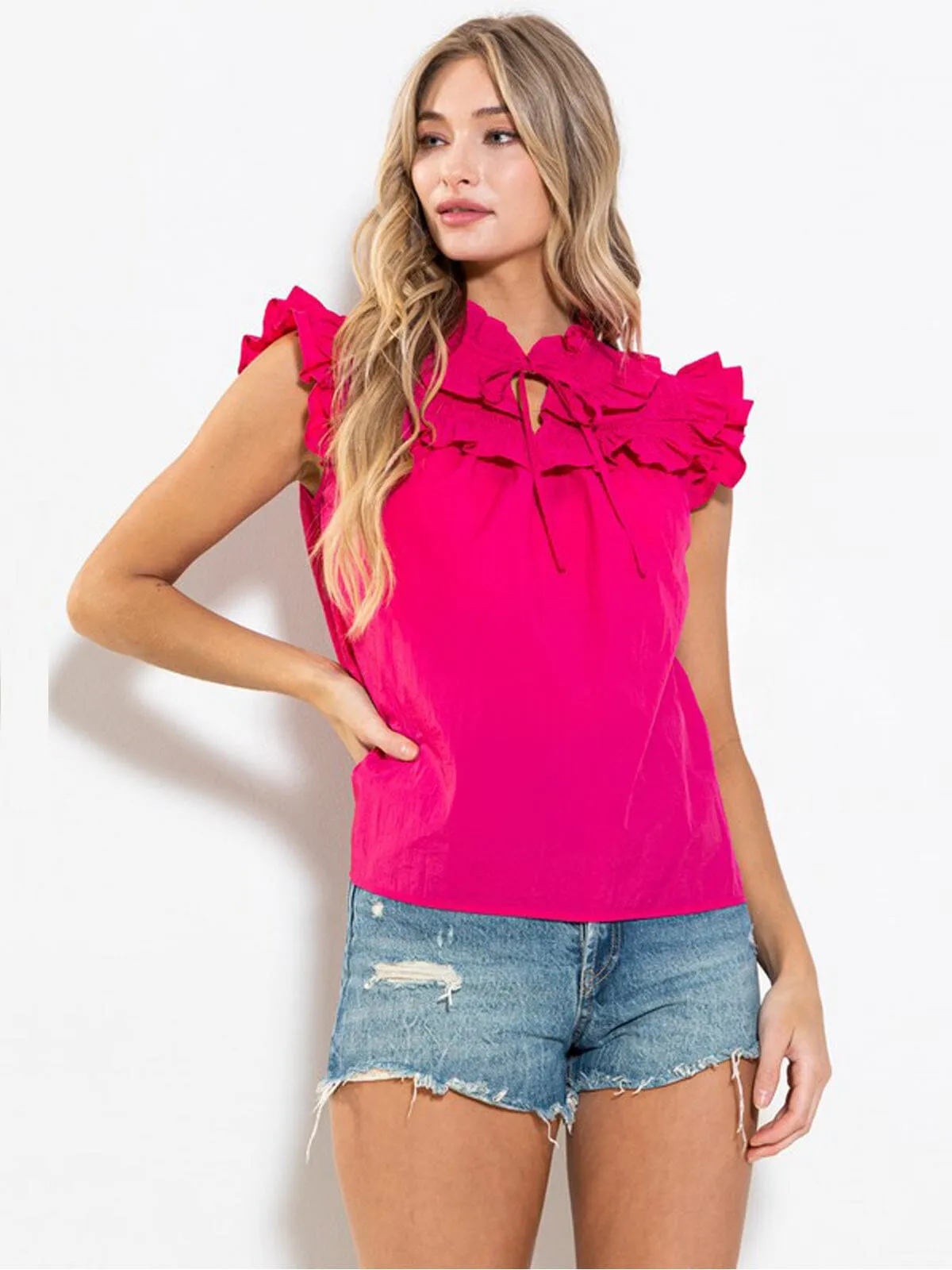 WOMEN'S RUFFLE SLEEVE NECK TIE BLOUSE TOP