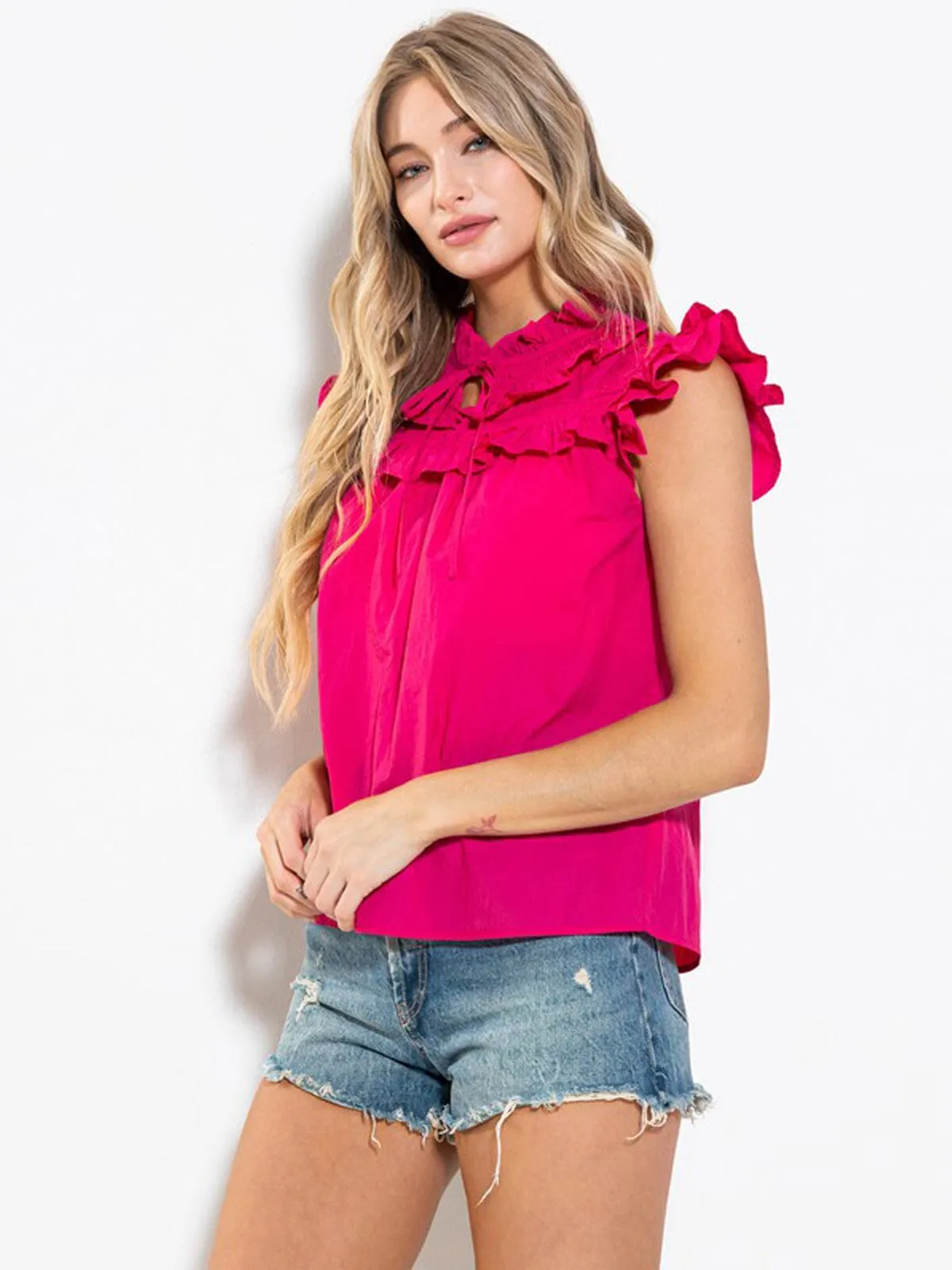 WOMEN'S RUFFLE SLEEVE NECK TIE BLOUSE TOP