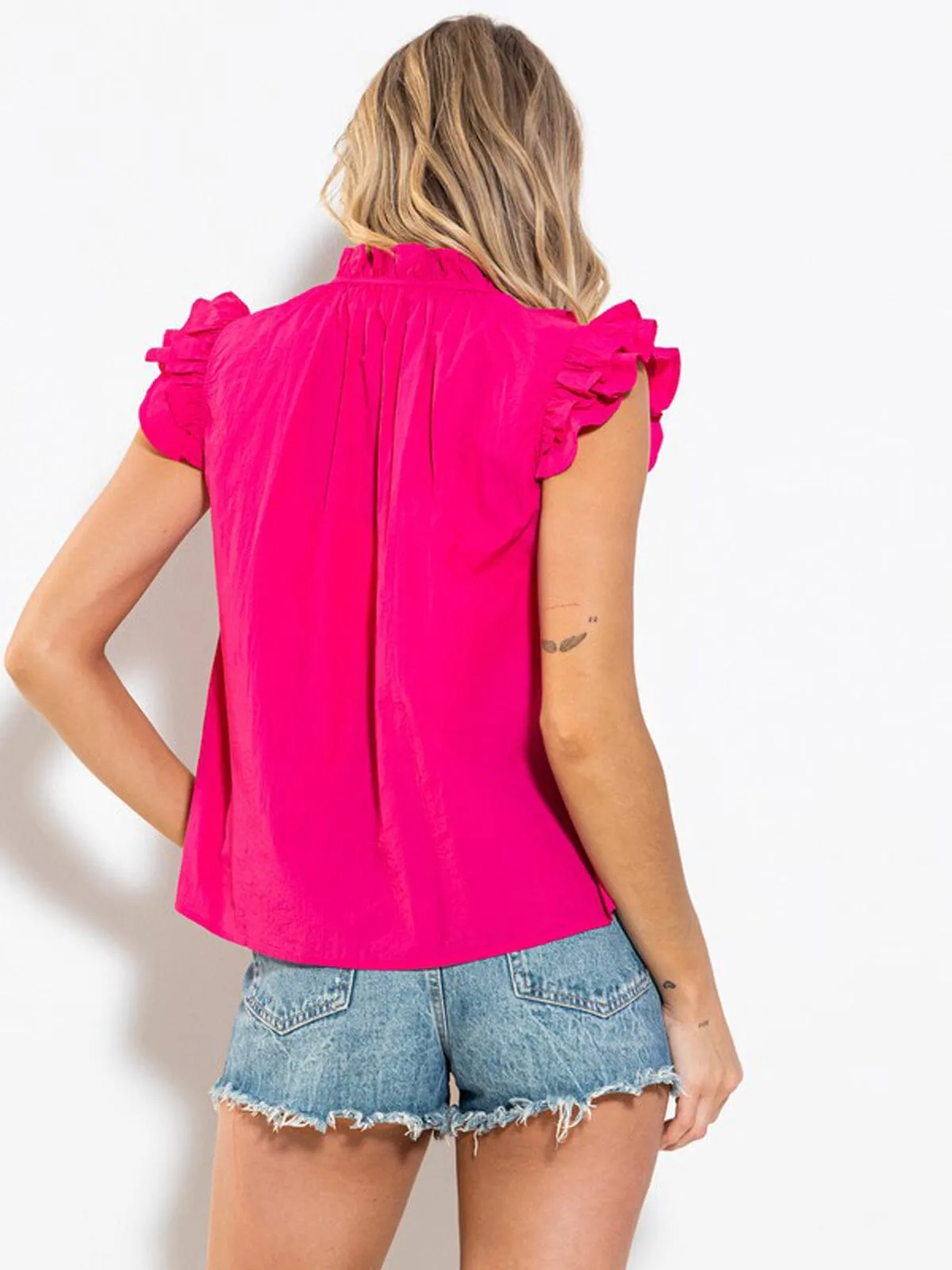 WOMEN'S RUFFLE SLEEVE NECK TIE BLOUSE TOP