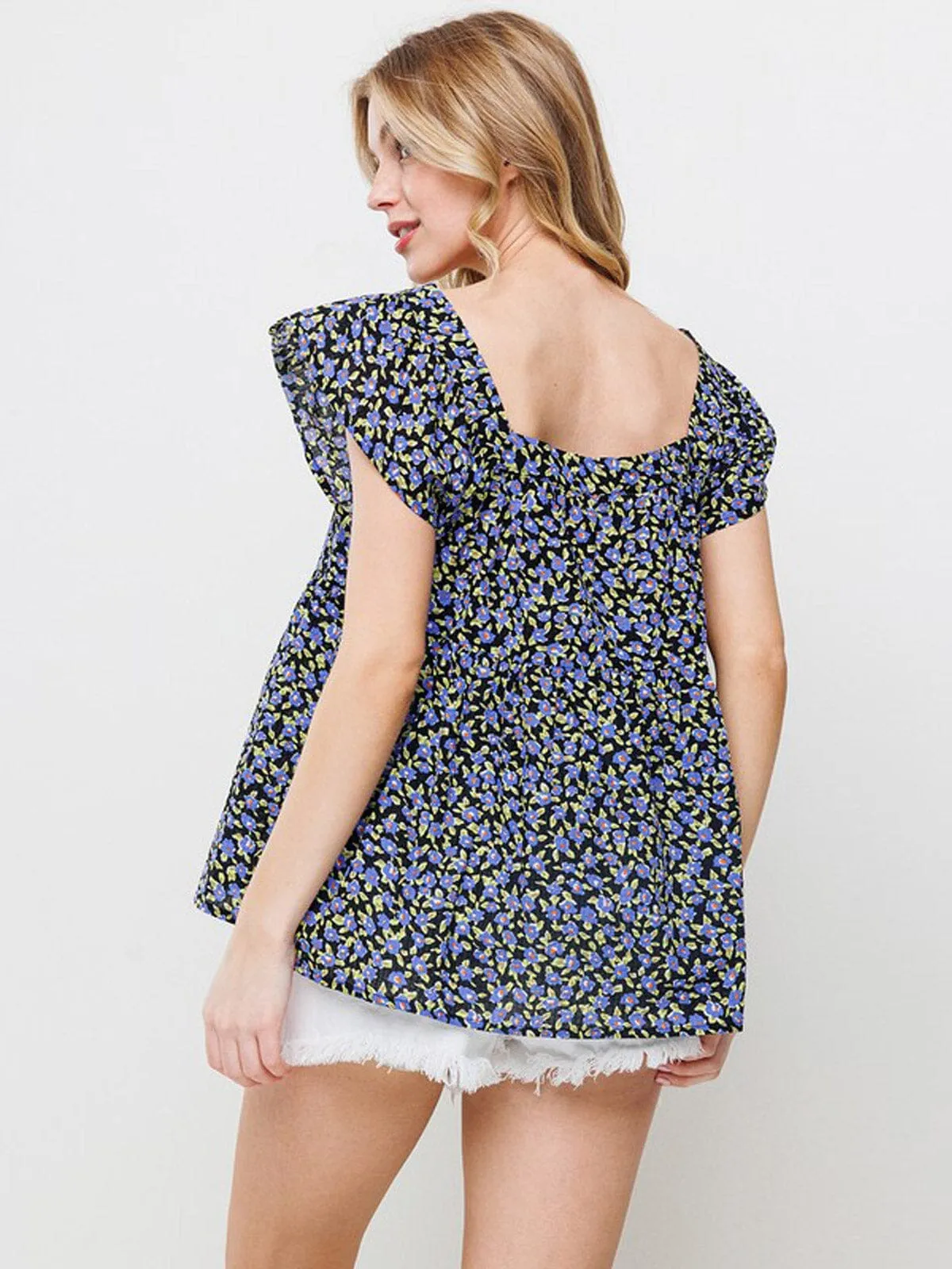 WOMEN'S RUFFLE SLEEVE SQUARE NECK SMOCK FLORAL TUNIC TOP