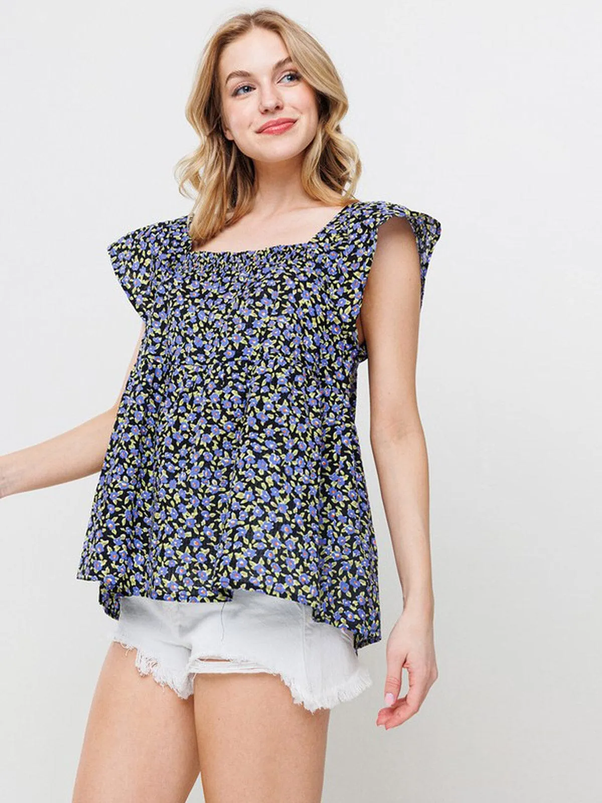 WOMEN'S RUFFLE SLEEVE SQUARE NECK SMOCK FLORAL TUNIC TOP