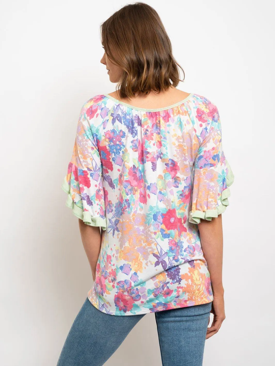 WOMEN'S RUFFLE SLEEVES FLORAL TOP
