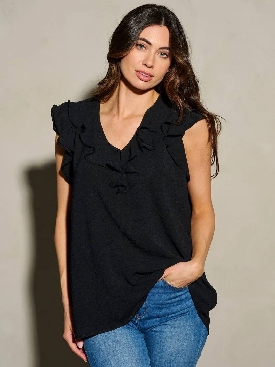 WOMEN'S RUFFLE SLEEVES V-NECK TUNIC BLOUSE TOP