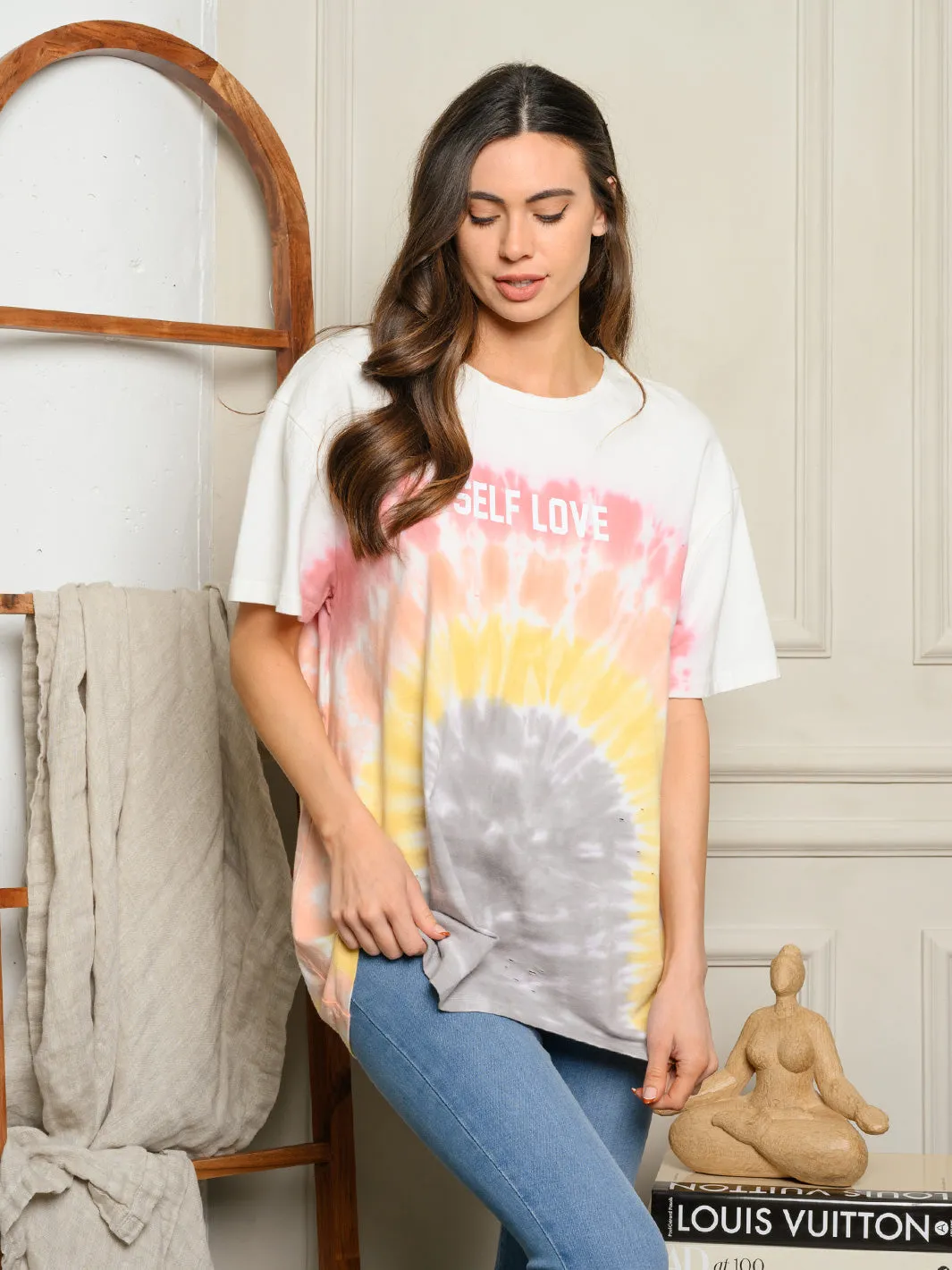 WOMEN'S SELF LOVE RAINBOW TIE DYE GRAPHIC TEE TOP