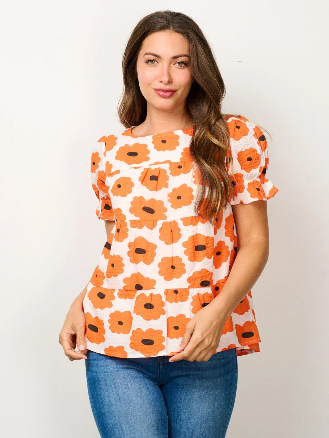 WOMEN'S SHORT PUFF SLEEVE FLORAL BLOUSE TOP