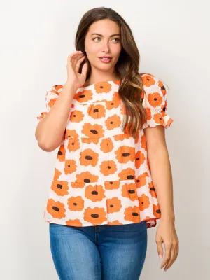 WOMEN'S SHORT PUFF SLEEVE FLORAL BLOUSE TOP