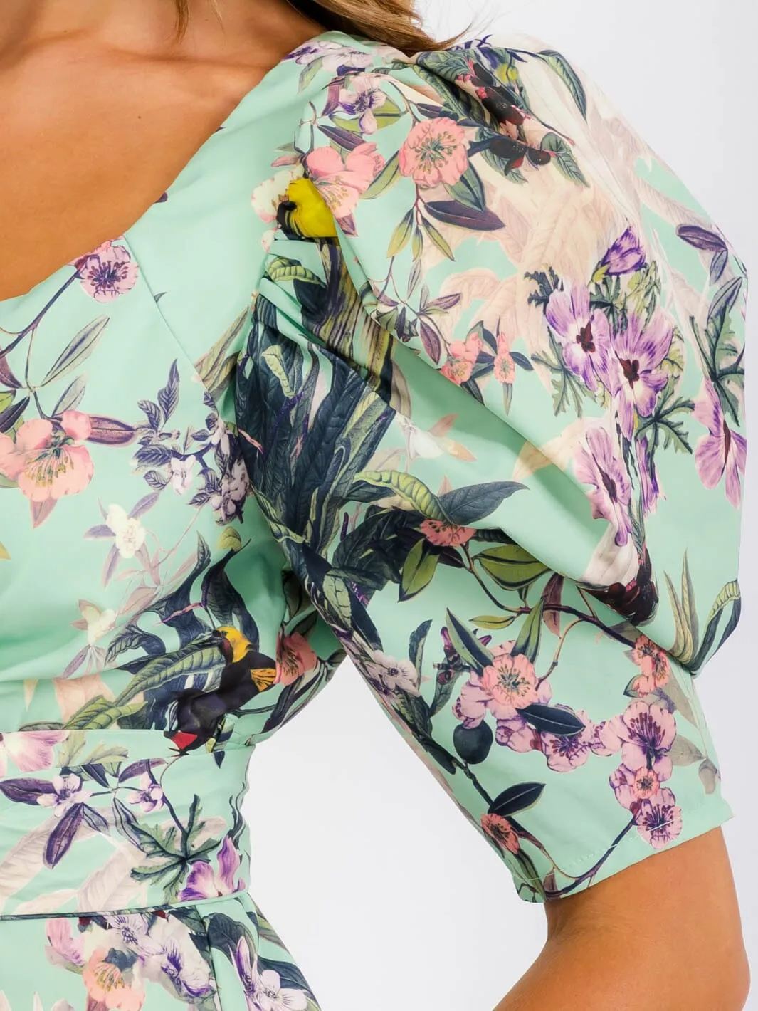 WOMEN'S SHORT PUFF SLEEVE WRAP FLORAL BLOUSE TOP