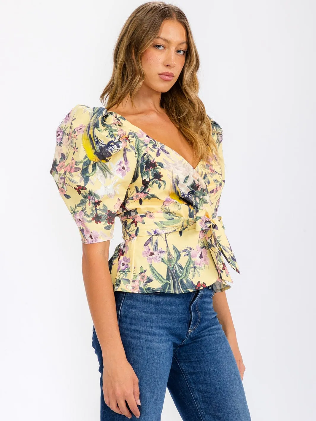 WOMEN'S SHORT PUFF SLEEVE WRAP FLORAL BLOUSE TOP