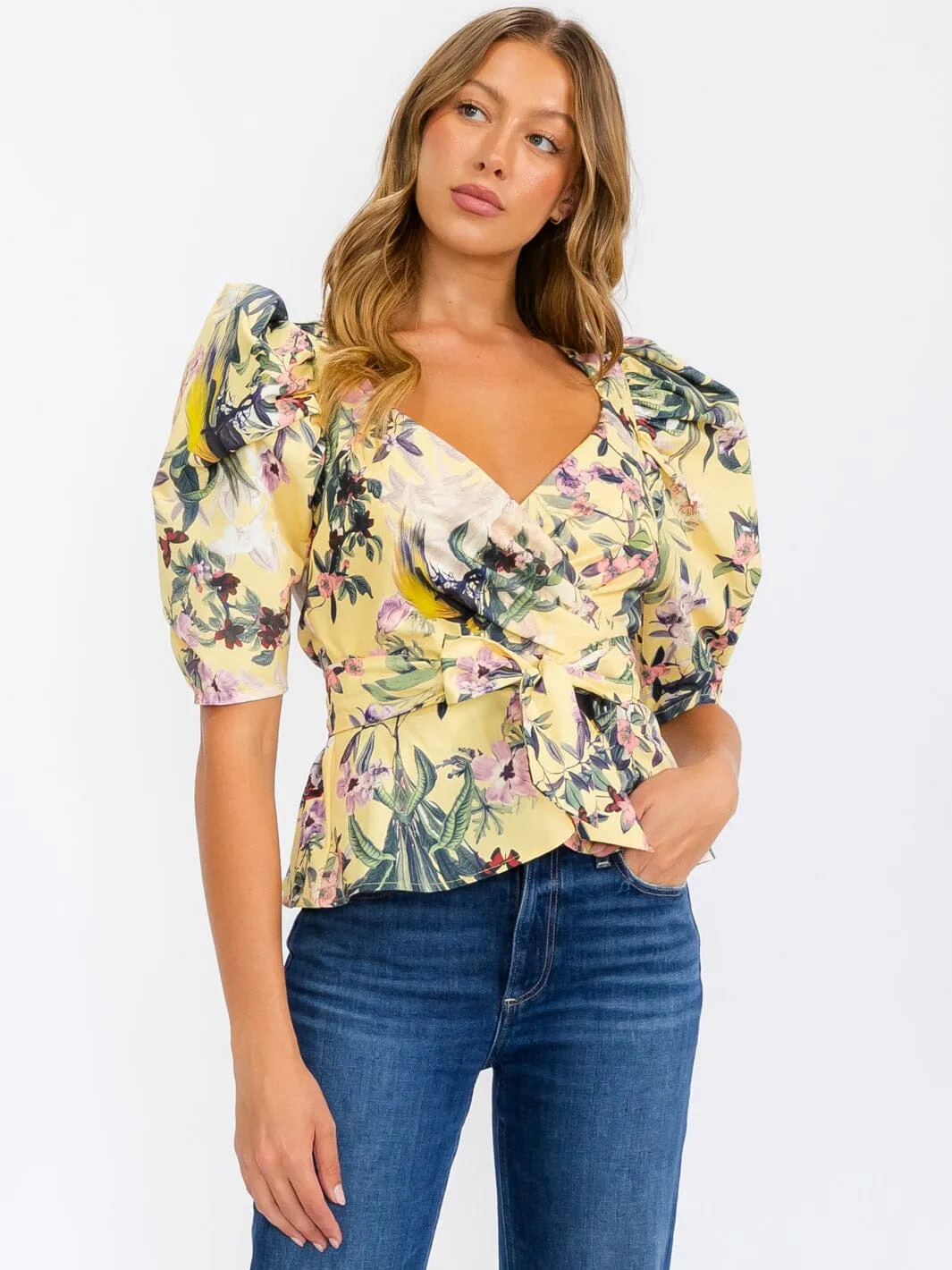 WOMEN'S SHORT PUFF SLEEVE WRAP FLORAL BLOUSE TOP