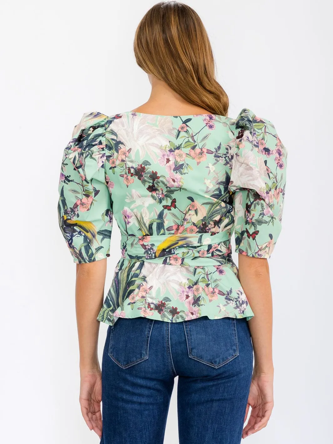 WOMEN'S SHORT PUFF SLEEVE WRAP FLORAL BLOUSE TOP