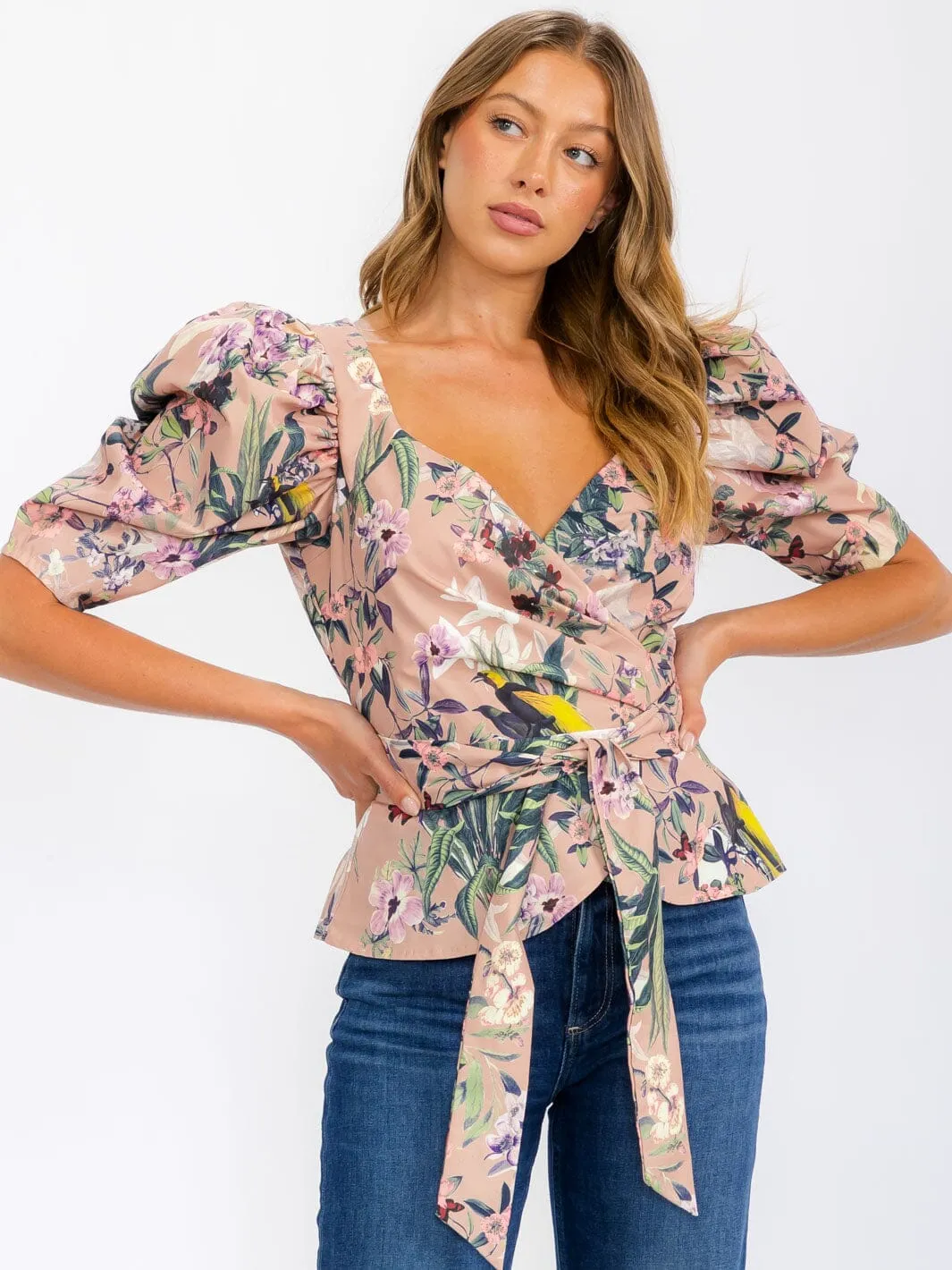 WOMEN'S SHORT PUFF SLEEVE WRAP FLORAL BLOUSE TOP