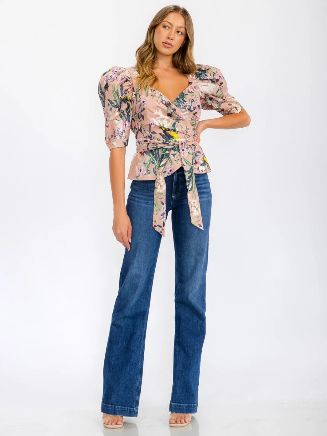 WOMEN'S SHORT PUFF SLEEVE WRAP FLORAL BLOUSE TOP