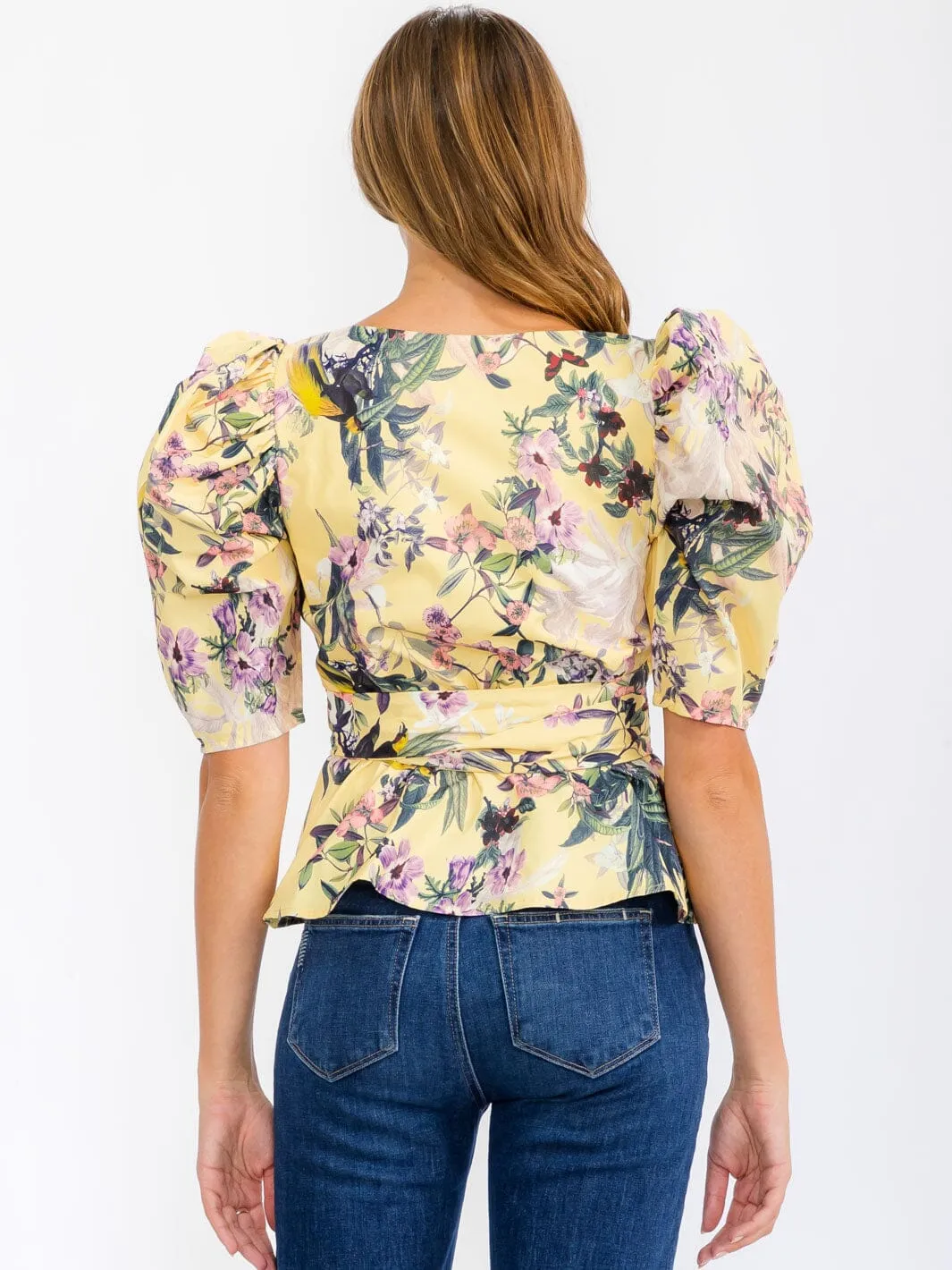 WOMEN'S SHORT PUFF SLEEVE WRAP FLORAL BLOUSE TOP