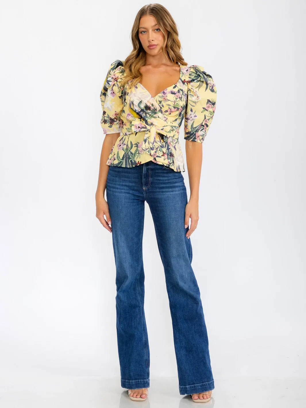 WOMEN'S SHORT PUFF SLEEVE WRAP FLORAL BLOUSE TOP