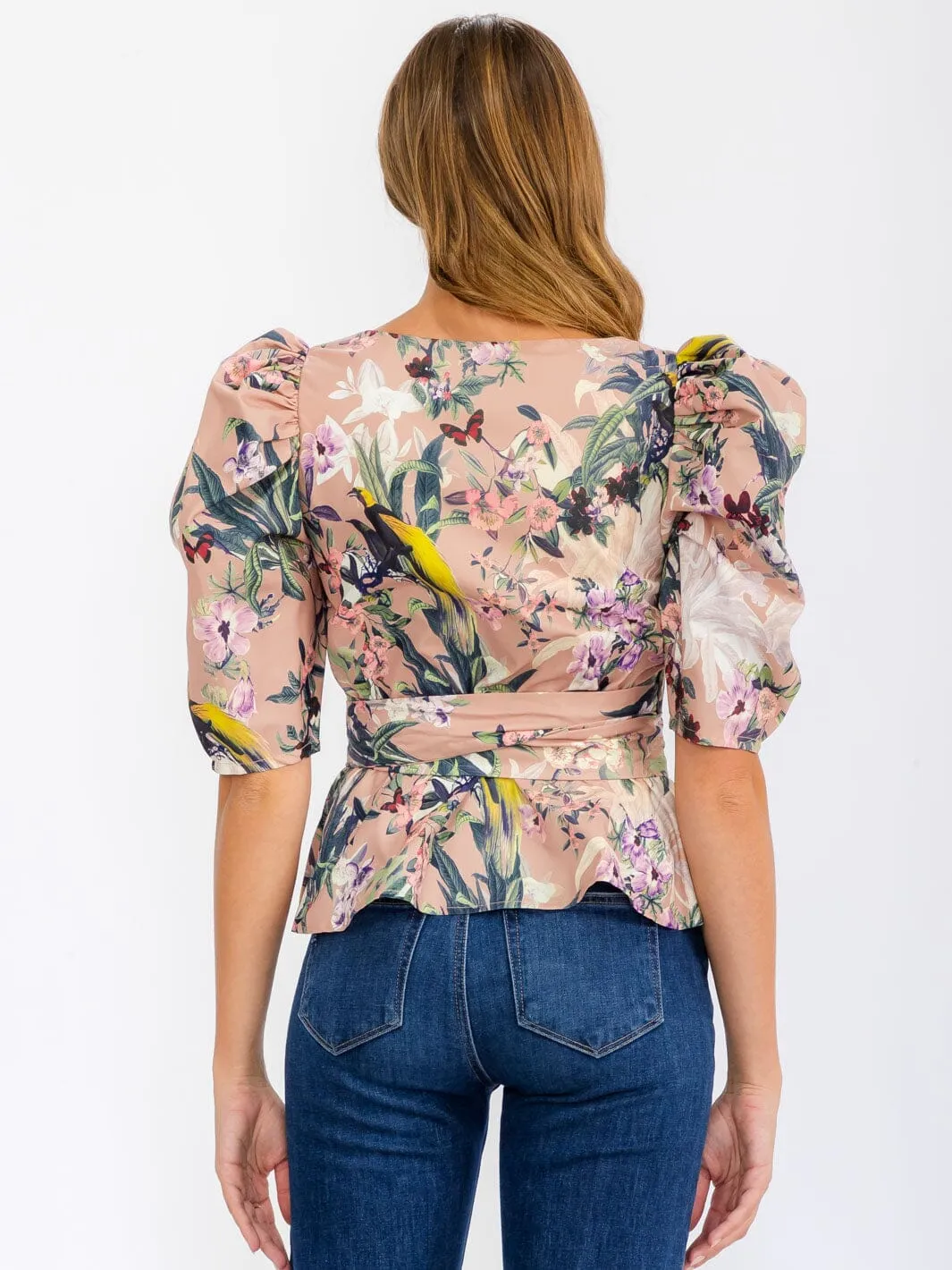 WOMEN'S SHORT PUFF SLEEVE WRAP FLORAL BLOUSE TOP