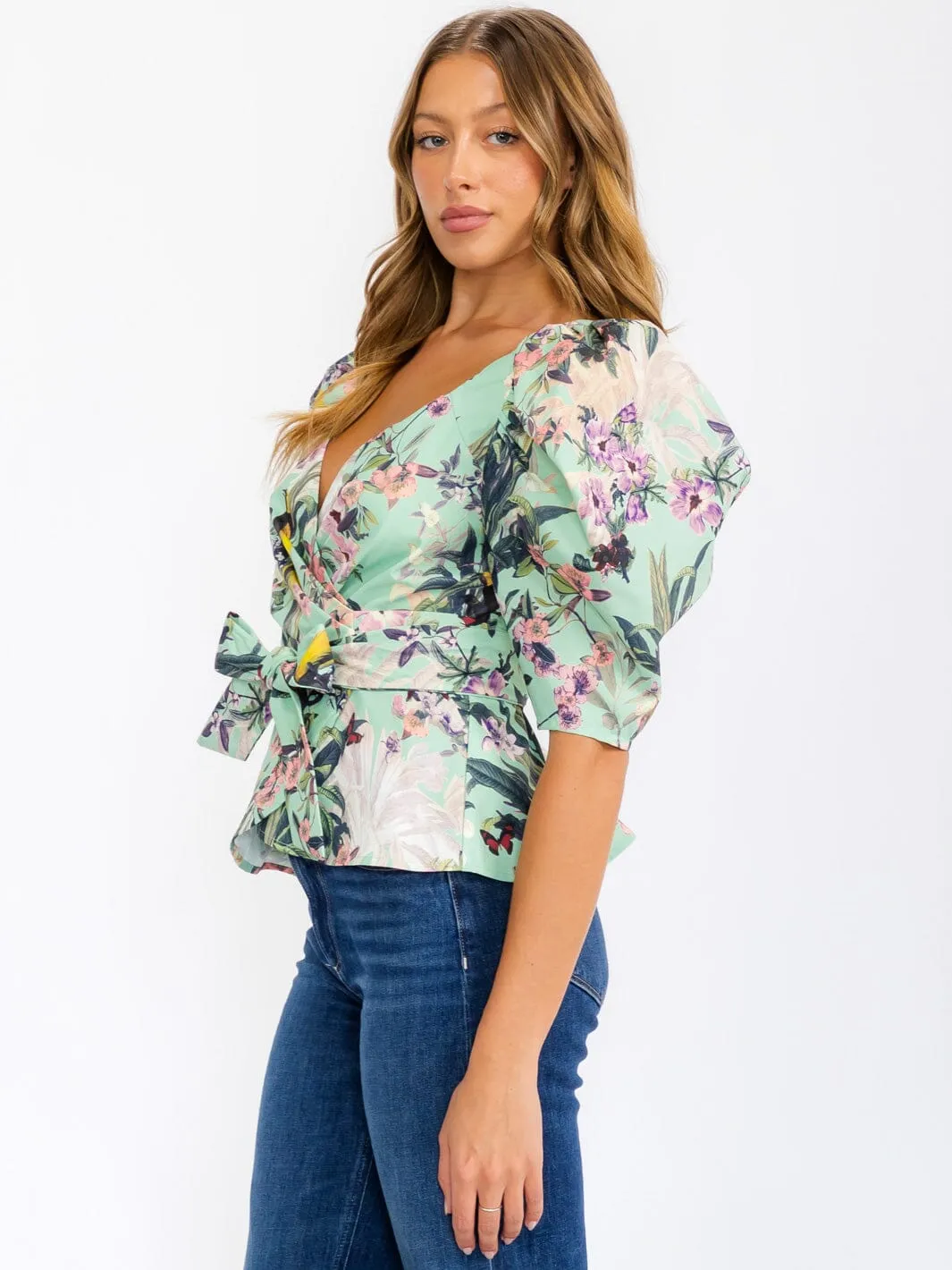 WOMEN'S SHORT PUFF SLEEVE WRAP FLORAL BLOUSE TOP