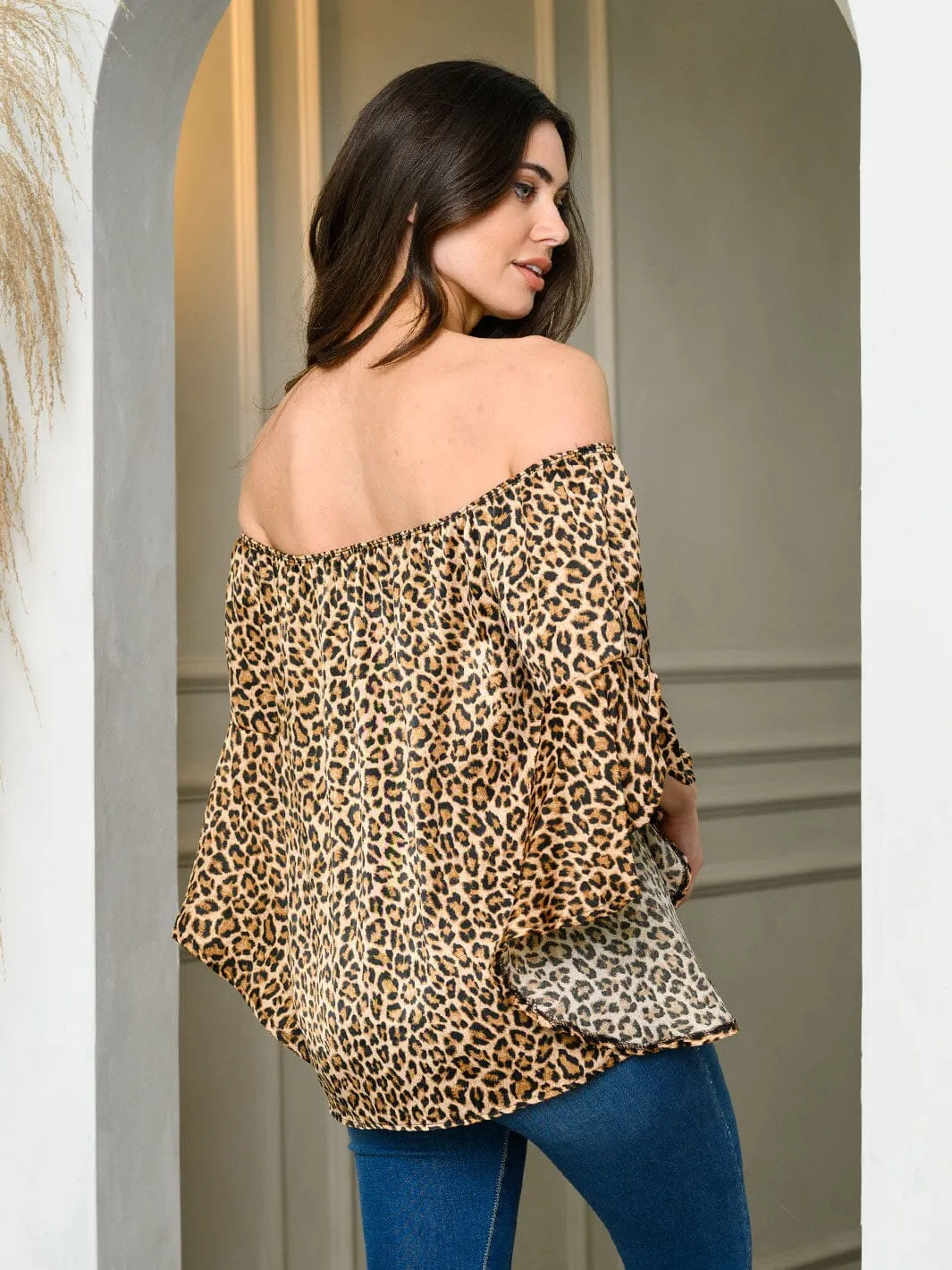 WOMEN'S SHORT RUFFLE SLEEVE ANIMAL PRINT TOP