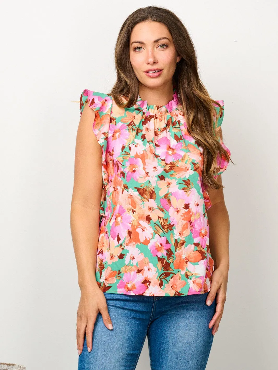WOMEN'S SHORT RUFFLE SLEEVE MOCK NECK FLORAL BLOUSE TOP