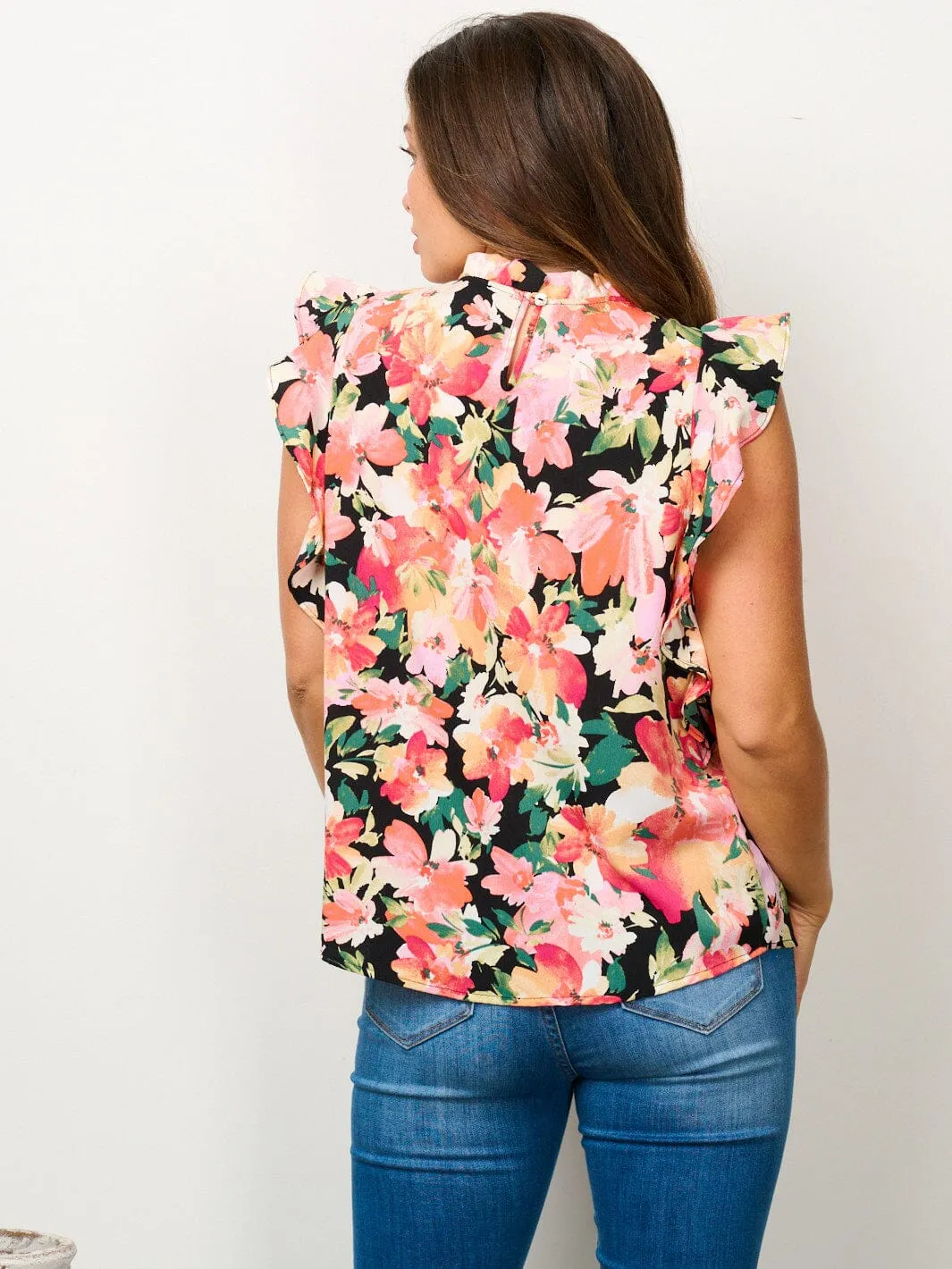 WOMEN'S SHORT RUFFLE SLEEVE MOCK NECK FLORAL BLOUSE TOP