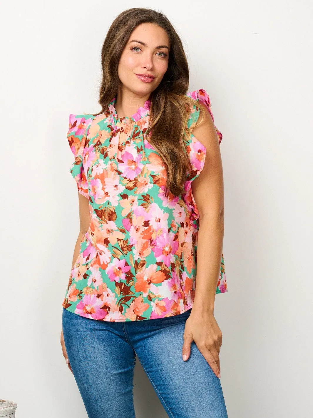 WOMEN'S SHORT RUFFLE SLEEVE MOCK NECK FLORAL BLOUSE TOP