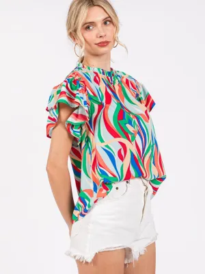 WOMEN'S SHORT RUFFLE SLEEVE MULTI PRINT BLOUSE