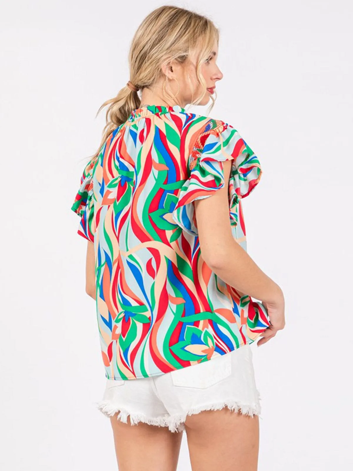 WOMEN'S SHORT RUFFLE SLEEVE MULTI PRINT BLOUSE