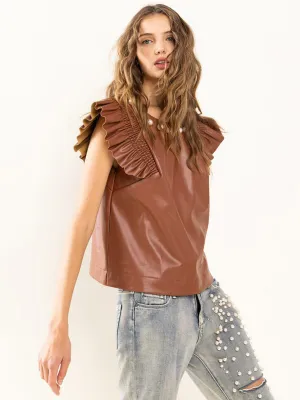 WOMEN'S SHORT RUFFLE SLEEVE NECK PEARL DETAILED PU PLEATHER TOP