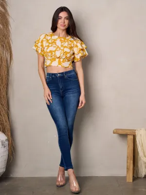WOMEN'S SHORT RUFFLE SLEEVE OPEN BACK CROP TOP