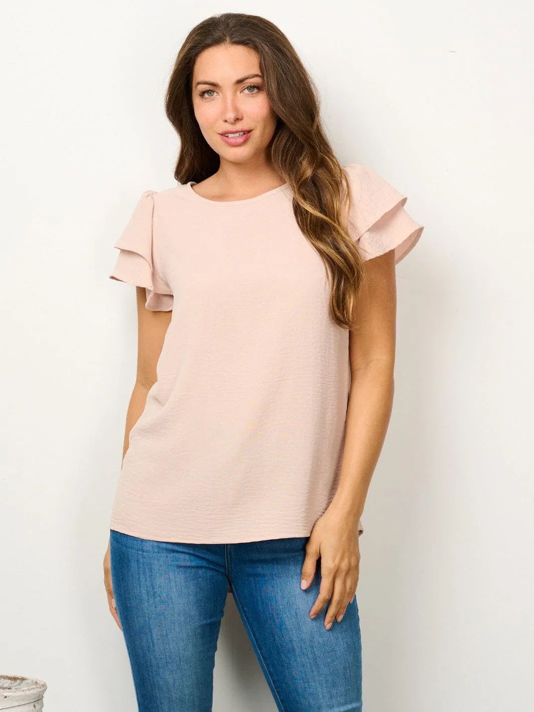 WOMEN'S SHORT RUFFLE SLEEVE SOLID BLOUSE TOP