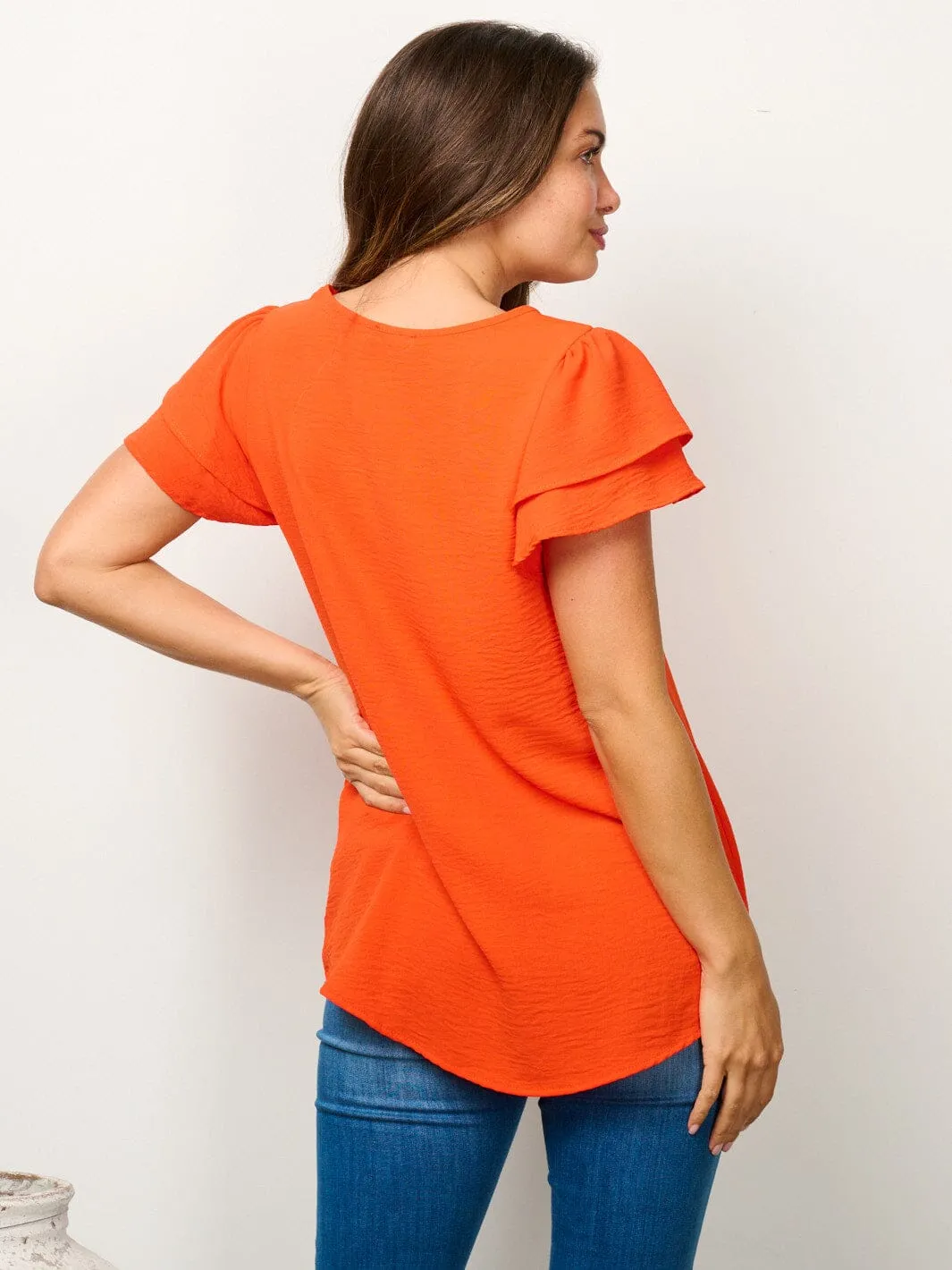 WOMEN'S SHORT RUFFLE SLEEVE SOLID BLOUSE TOP