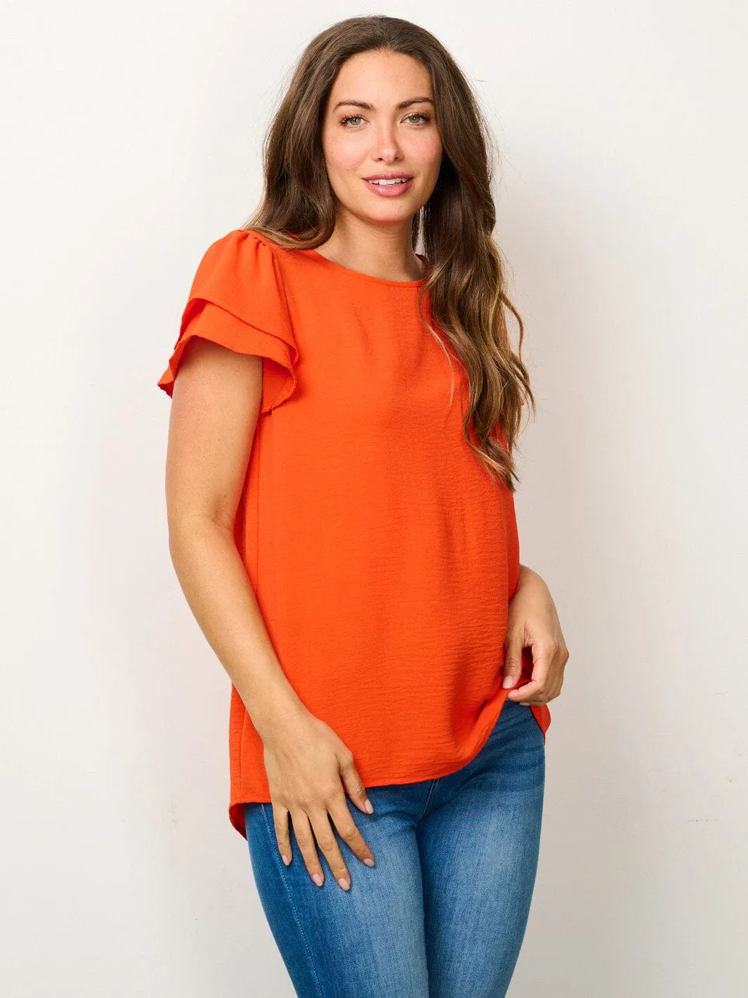 WOMEN'S SHORT RUFFLE SLEEVE SOLID BLOUSE TOP