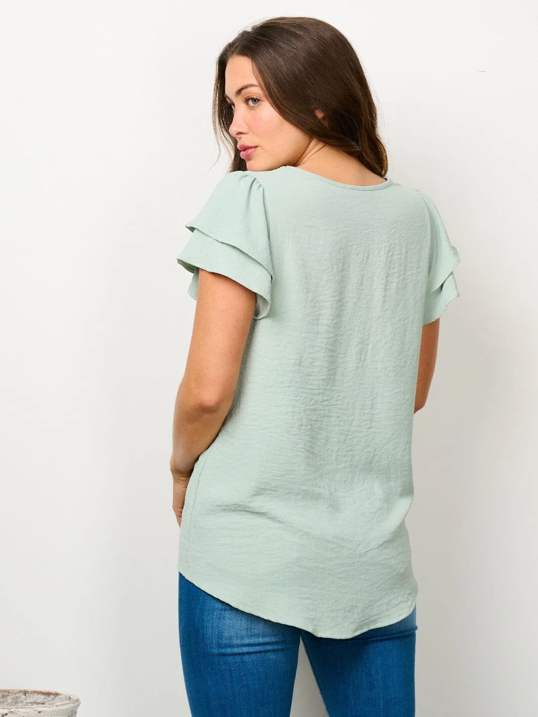 WOMEN'S SHORT RUFFLE SLEEVE SOLID BLOUSE TOP
