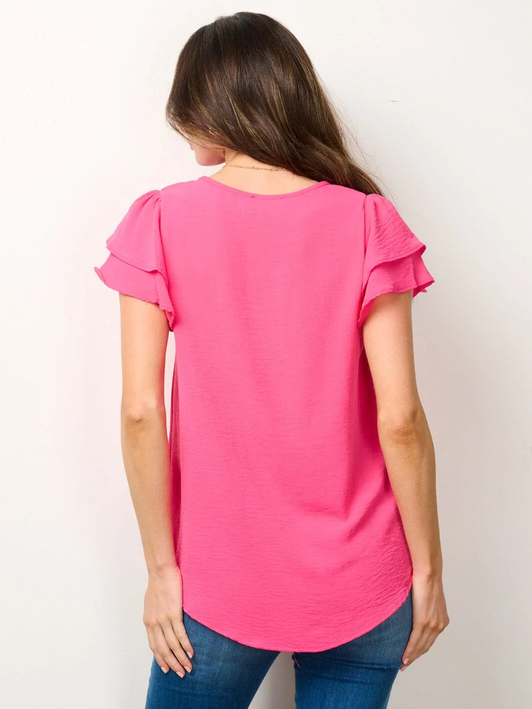 WOMEN'S SHORT RUFFLE SLEEVE SOLID BLOUSE TOP